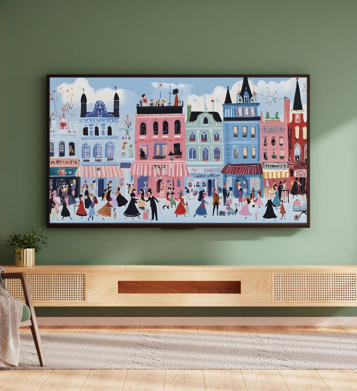 Whimsical Colorful City Street Scene Bustling Town Illustration Poster - Image 5