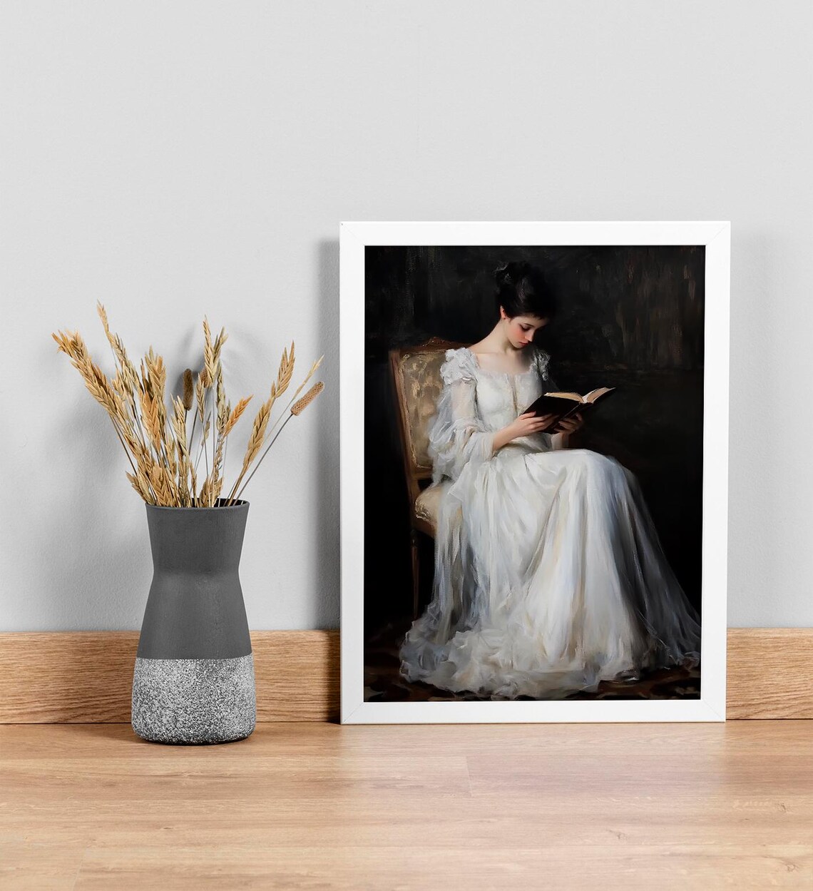 Vintage Woman Reading Book White Dress Classical Oil Painting Art Poster - Image 3