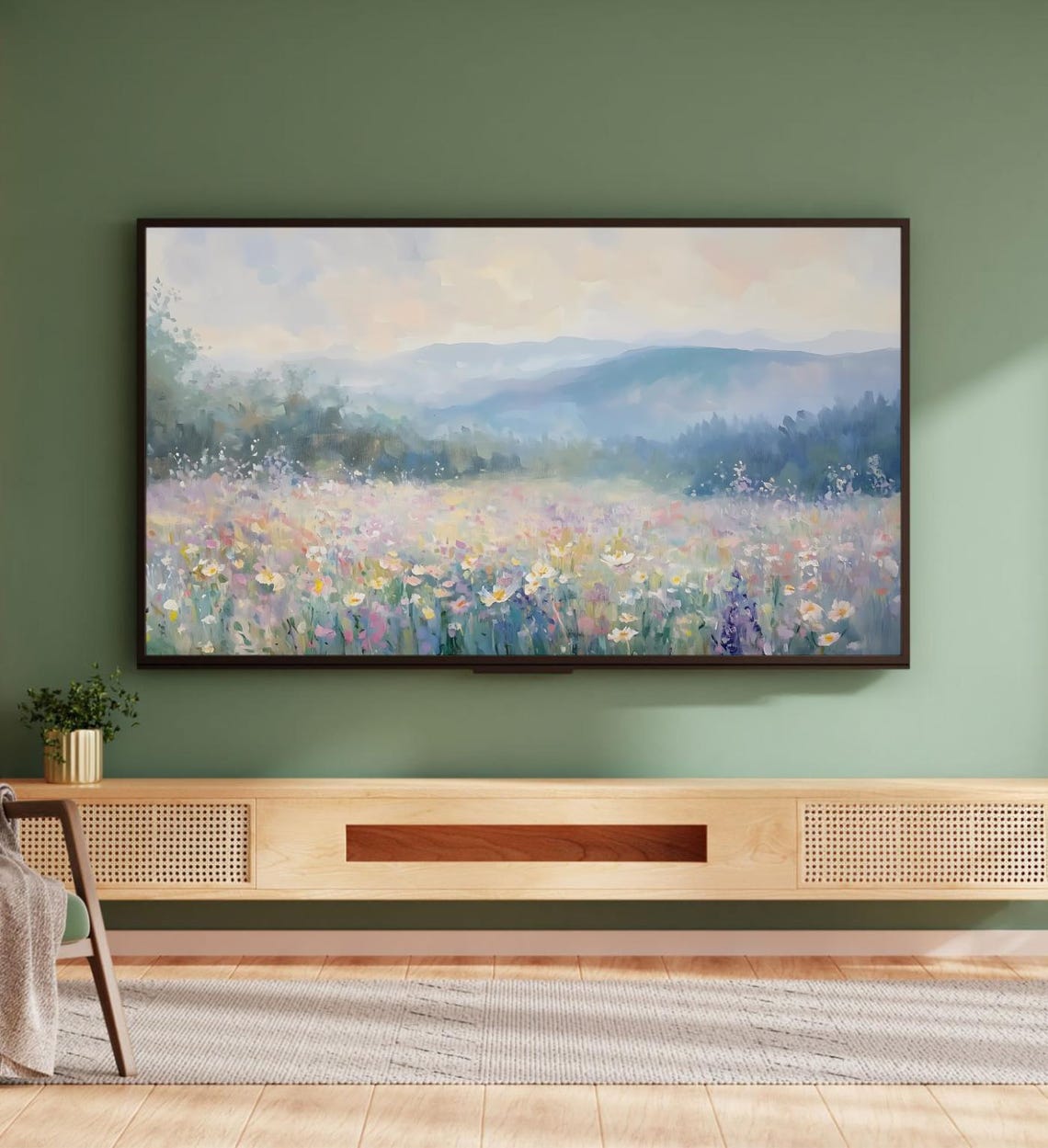 Pastel Wildflower Meadow Misty Mountains Spring Landscape Art Poster - Image 5