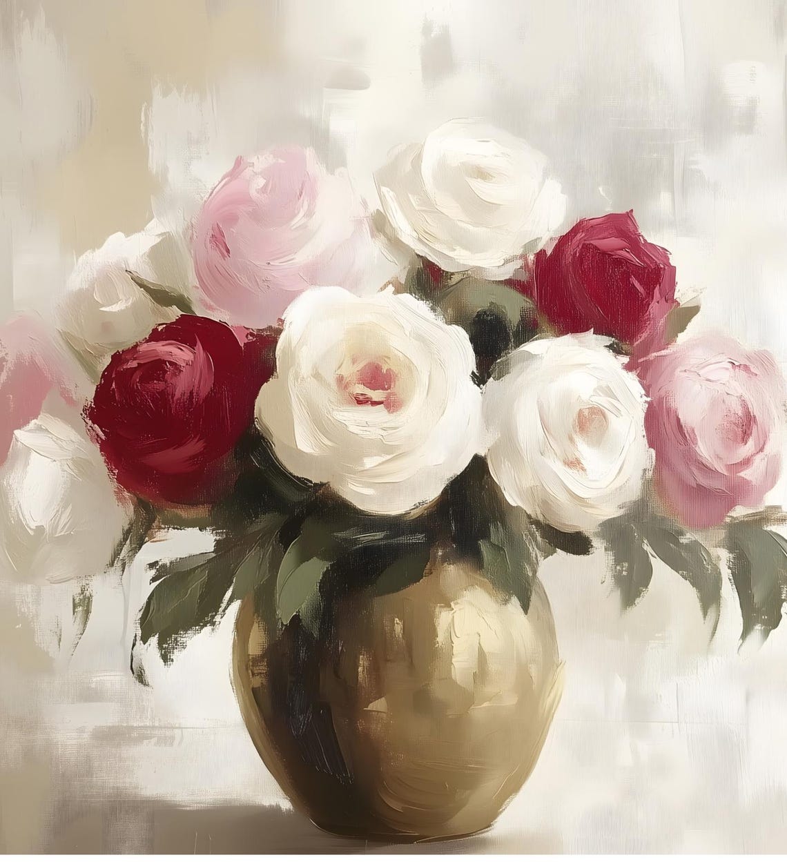 Red Pink White Roses Gold Vase Impressionistic Floral Art Poster - Image 6