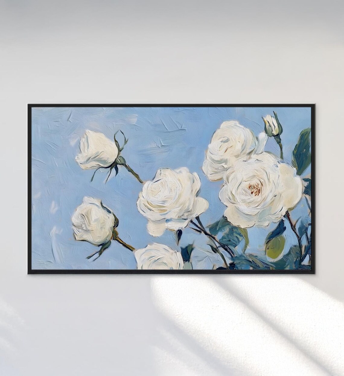 White Roses On Blue Sky Branch Textured Floral Oil Painting Art Poster - Image 3