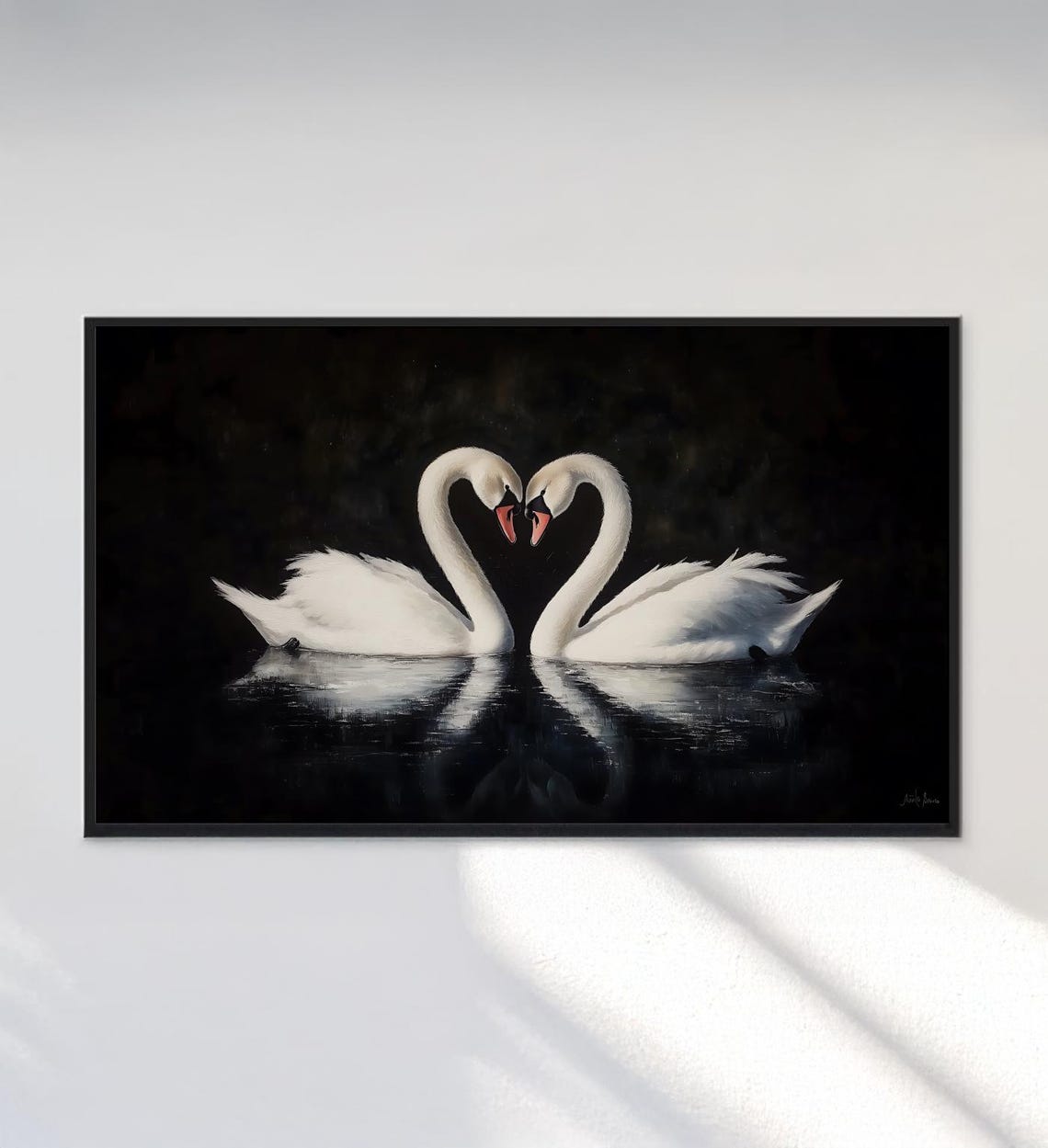 Two White Swans Heart Shape Dark Moody Black Lake Painting Poster - Image 3