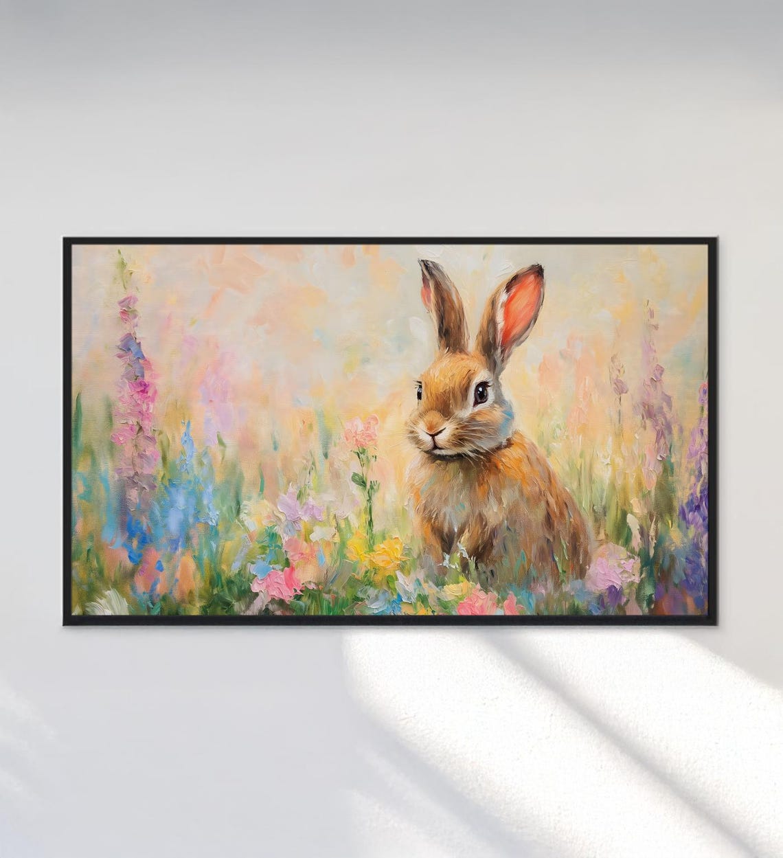 Cute Bunny Rabbit Colorful Wildflower Meadow Easter Painting Poster - Image 3