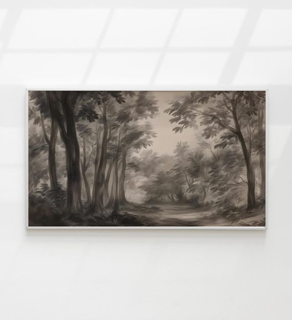 Dark Moody Frame Tv Art Fall Vintage Wooden Landscape Antique Charcoal Drawing Sketch Cottagecore Decor Black And Brown Aesthetic