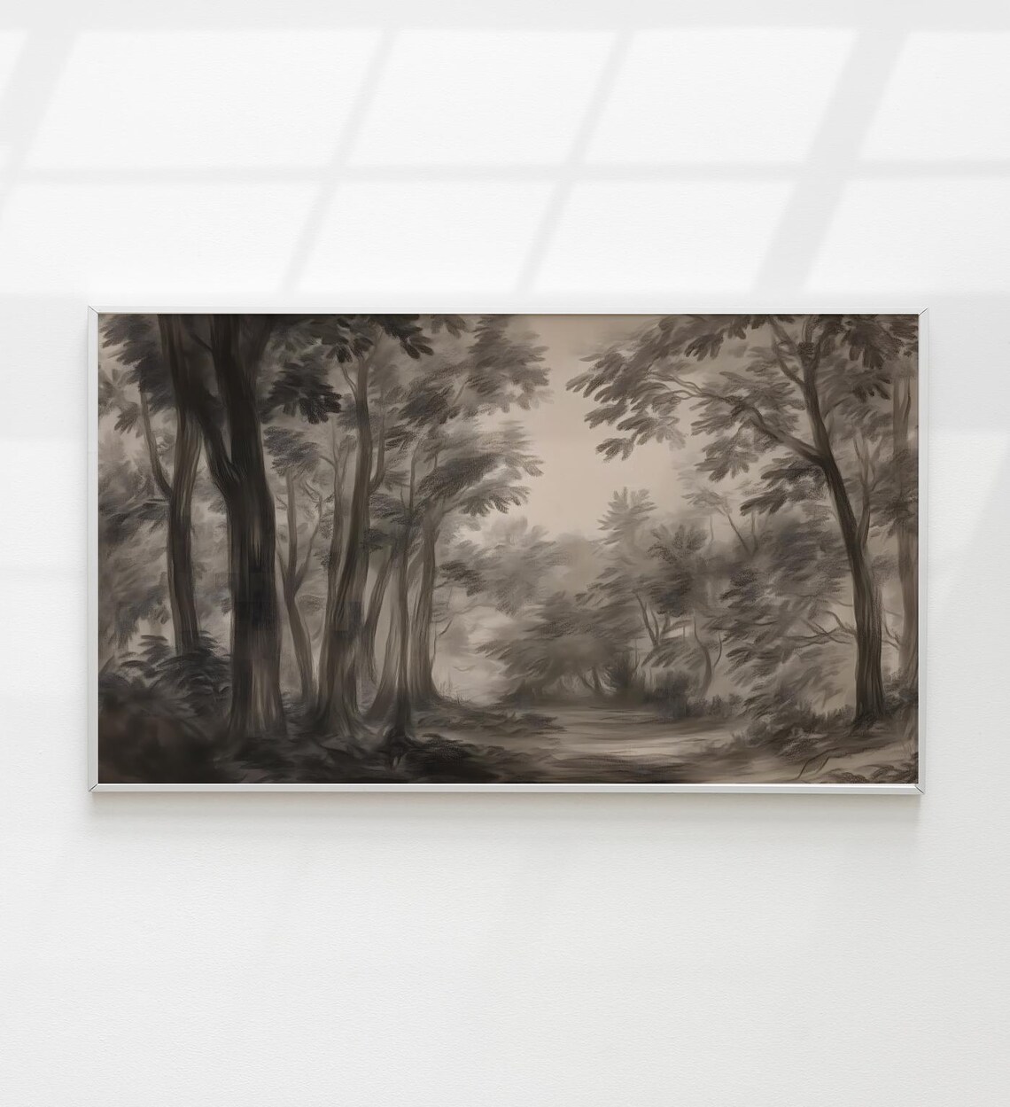 Dark Moody Forest Charcoal Sketch Antique Woodland Landscape Art Print