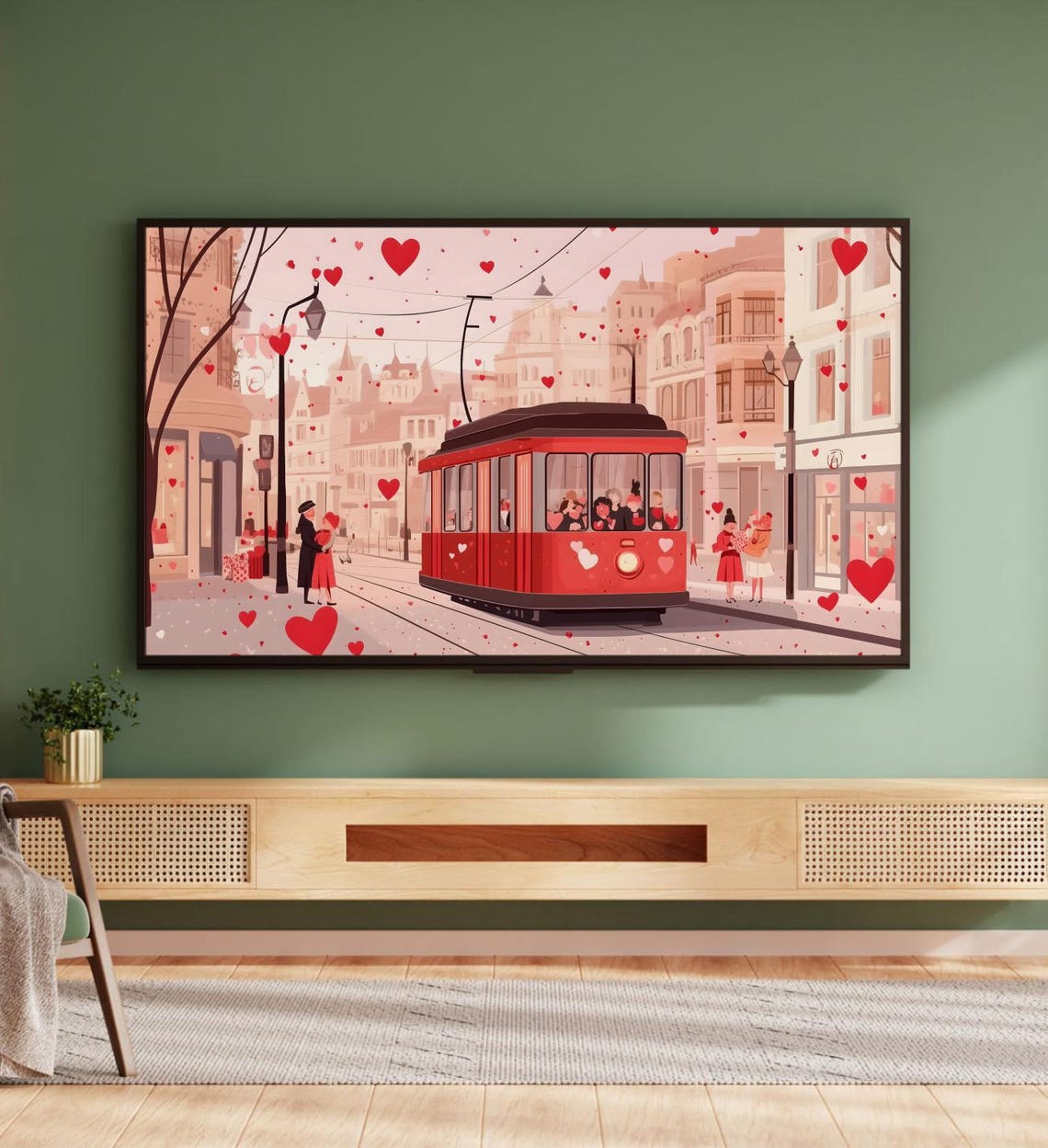 Red Tram City Street Falling Hearts Valentine Romance Illustration Art - Image 5
