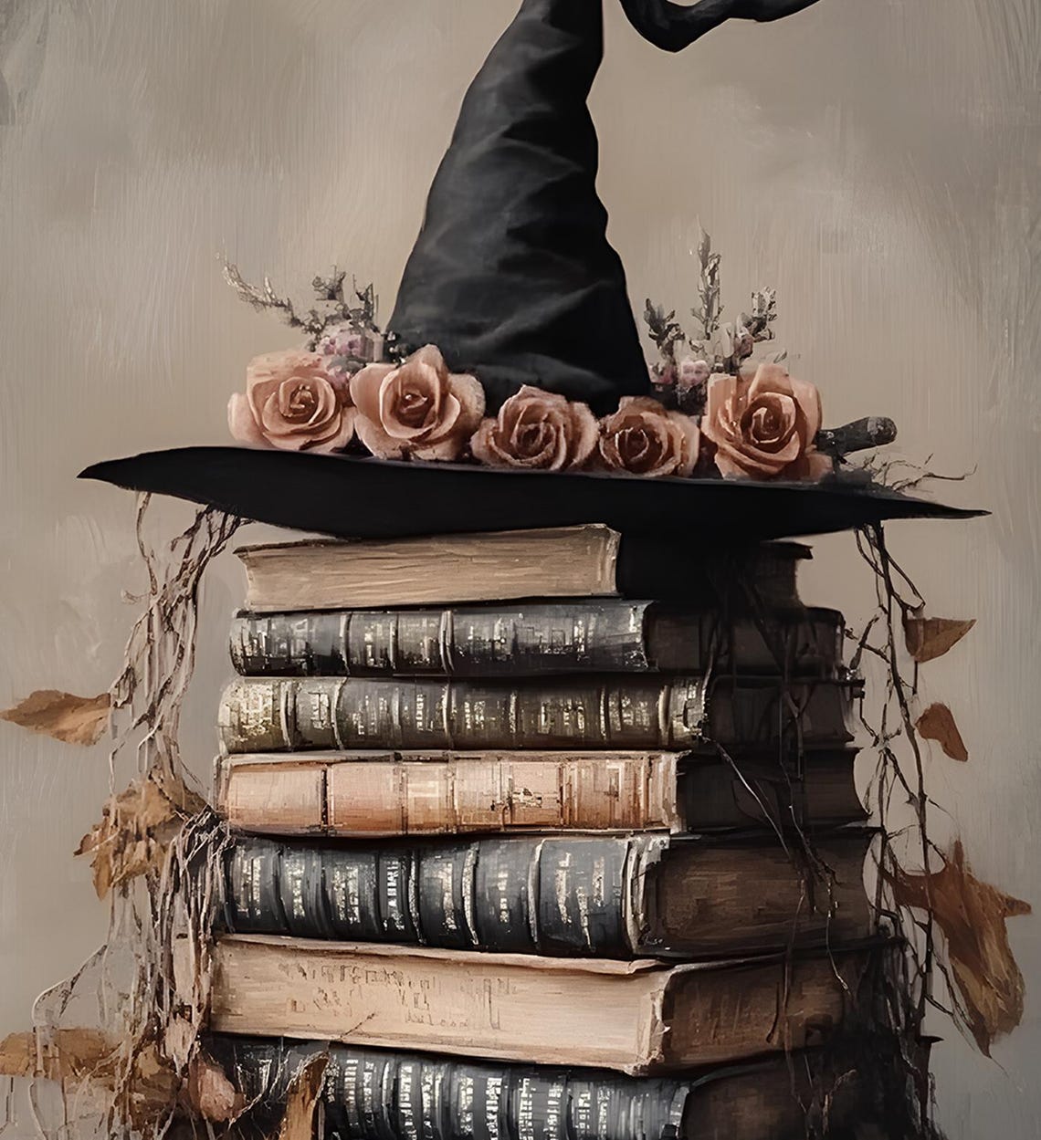 Witch Hat With Roses On Stack Of Vintage Spell Books Halloween Print - Image 3