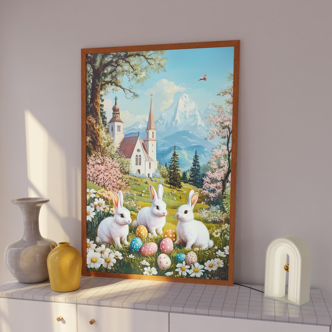 Easter Rabbits Among Daisies by Alpine Church Snow Peak Poster