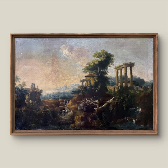 Ancient Ruins Landscape Art Print Sunset Retro Wall Decor Antique Painting Summer Instant