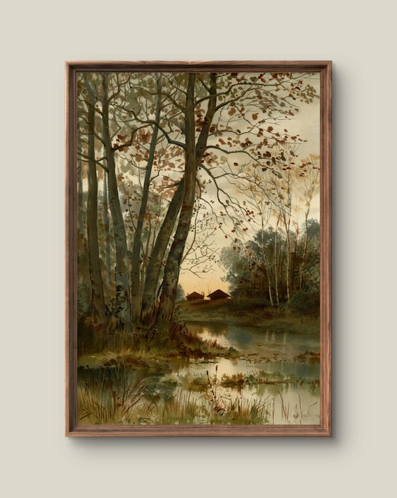 Autumn Woodland Stream Birch Trees Vintage Watercolor Wall Art