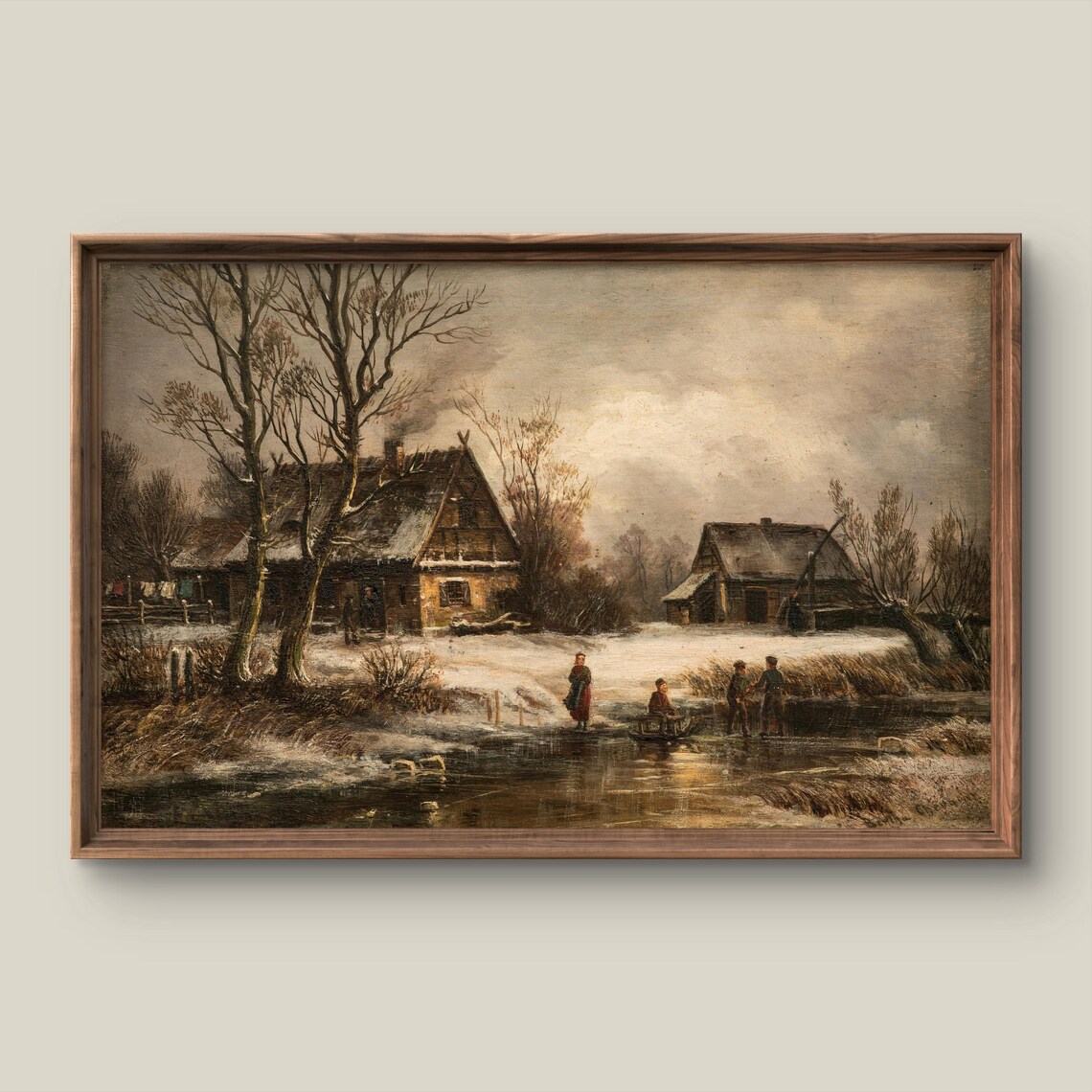 Vintage Winter Farmhouse Frozen Pond Figures Snowy Art Print
