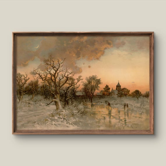 Vintage Winter Landscape Art Print Rustic Wall Decor Antique Painting Sunset Instant