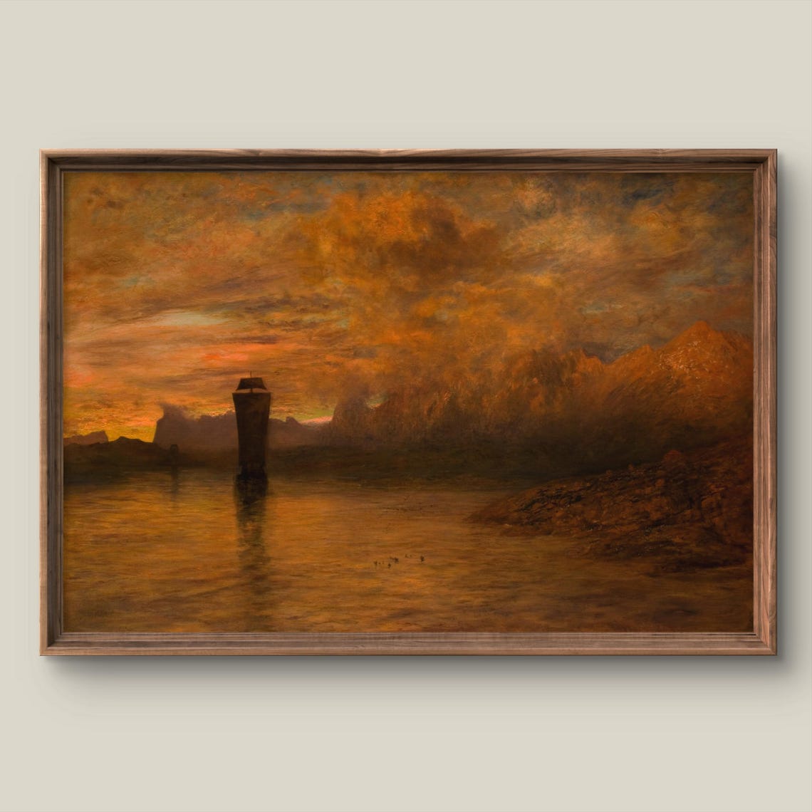 Fiery Sunset Seascape Ship Silhouette Antique Ocean Painting Poster