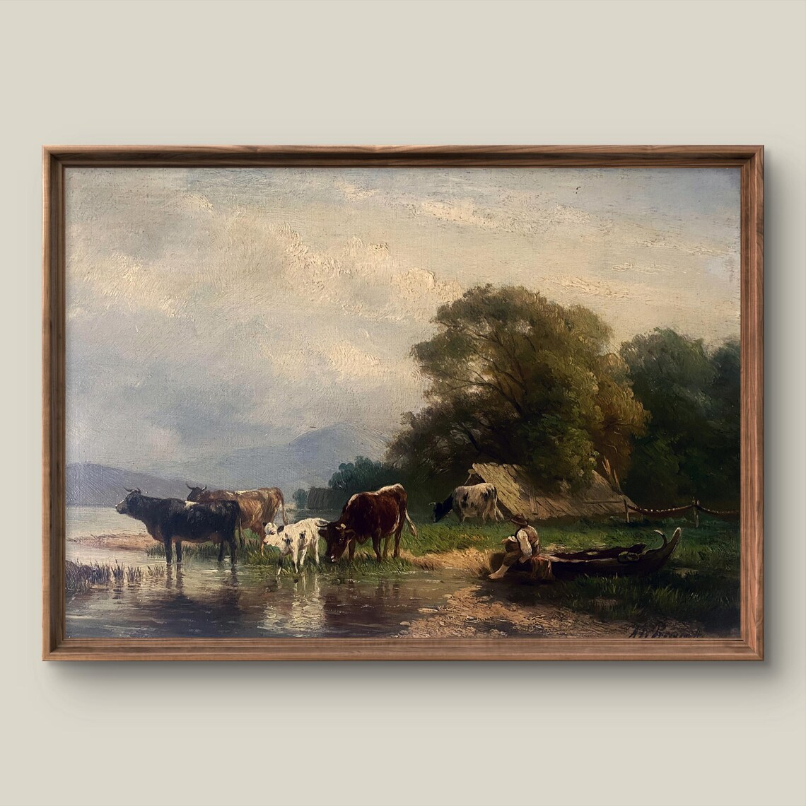 Vintage Cows Watering Lake Pastoral Antique Painting Art Poster