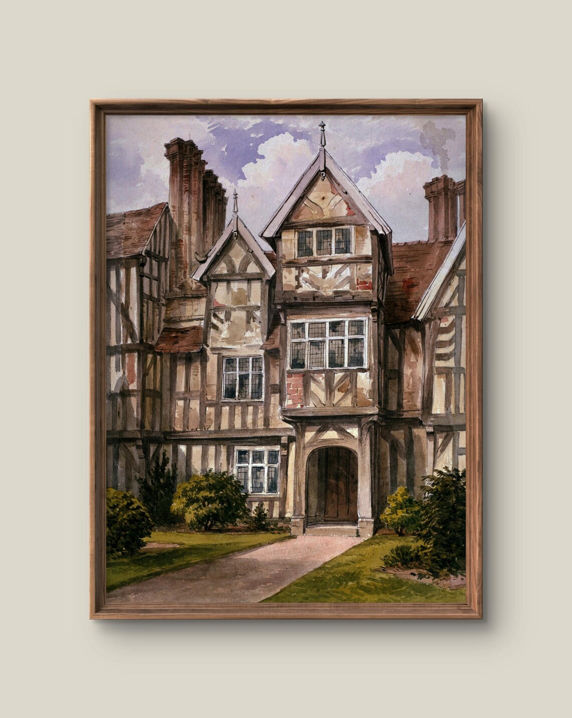 English Tudor Manor House Timber Framed Antique Watercolor Print