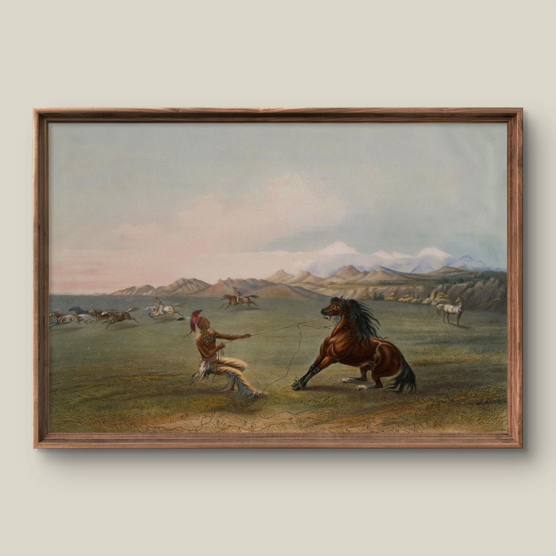 Native American Horseman Lassoing a Wild Mustang Prairie Poster