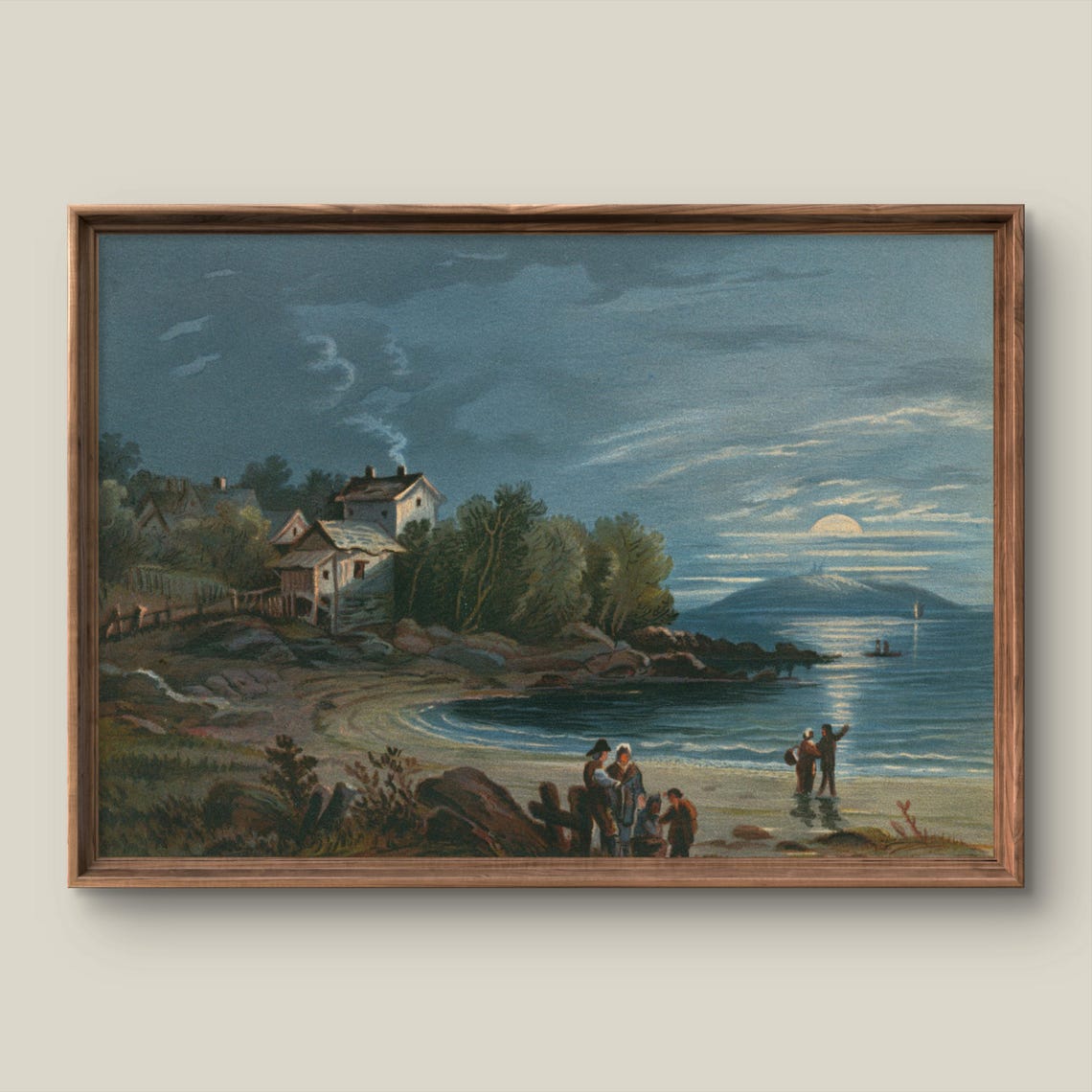 Moonlit Coastal Night Beach Cottages Vintage Painting Poster