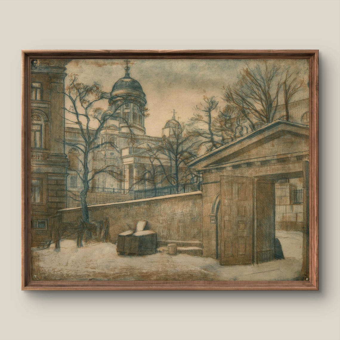 Snowy Cathedral City Courtyard Antique Winter Etching Art Print