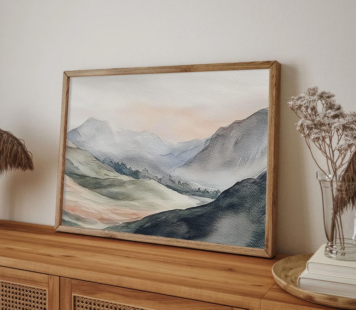 Misty Mountains Watercolor Art Print, Mountain Valley - Image 4
