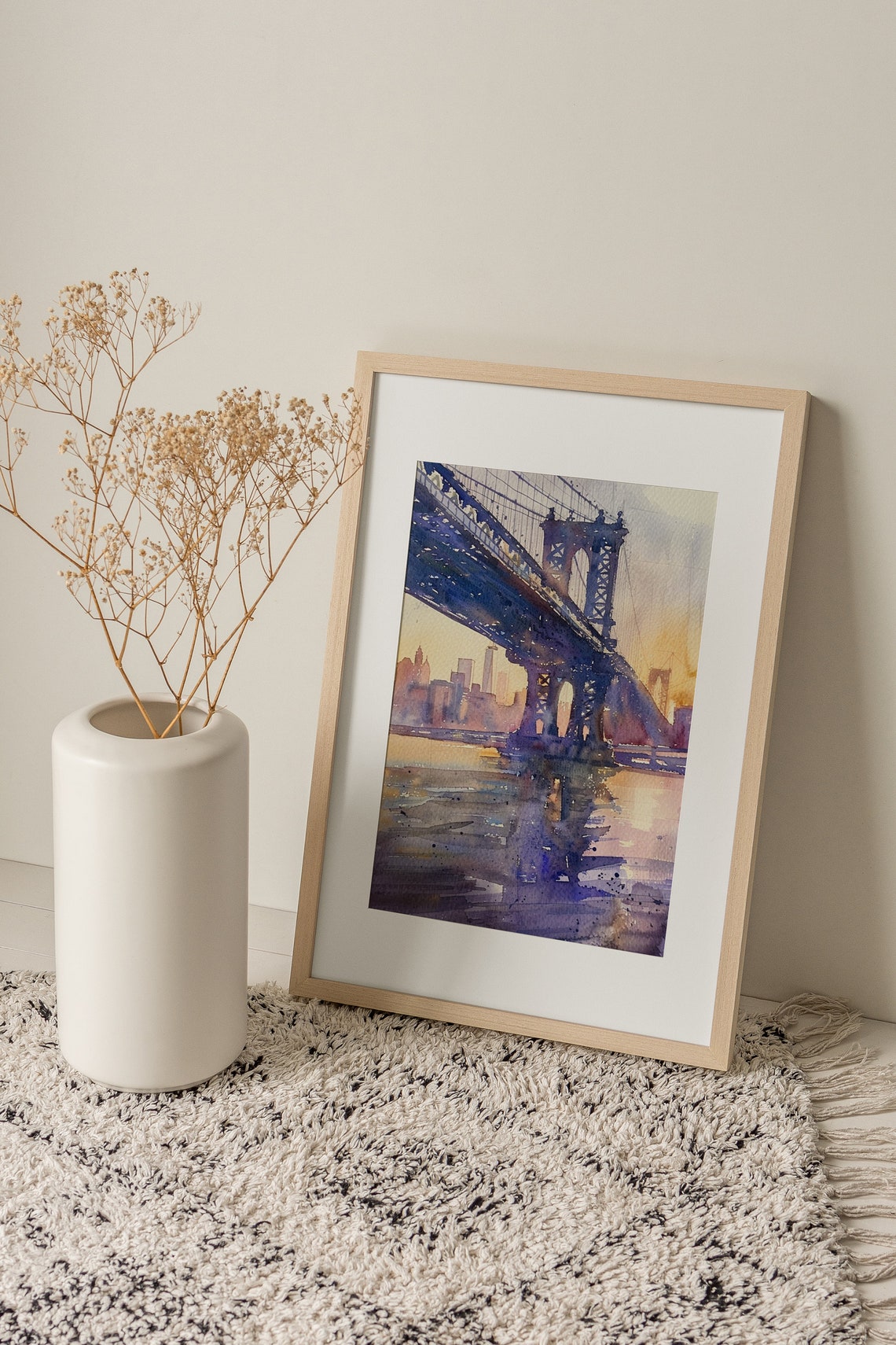 Manhattan Bridge Painting Nyc Watercolor Art Print New York Skyline Art Sunset Wall Art Ny Travel Poster Housewarming Gifts - Image 2