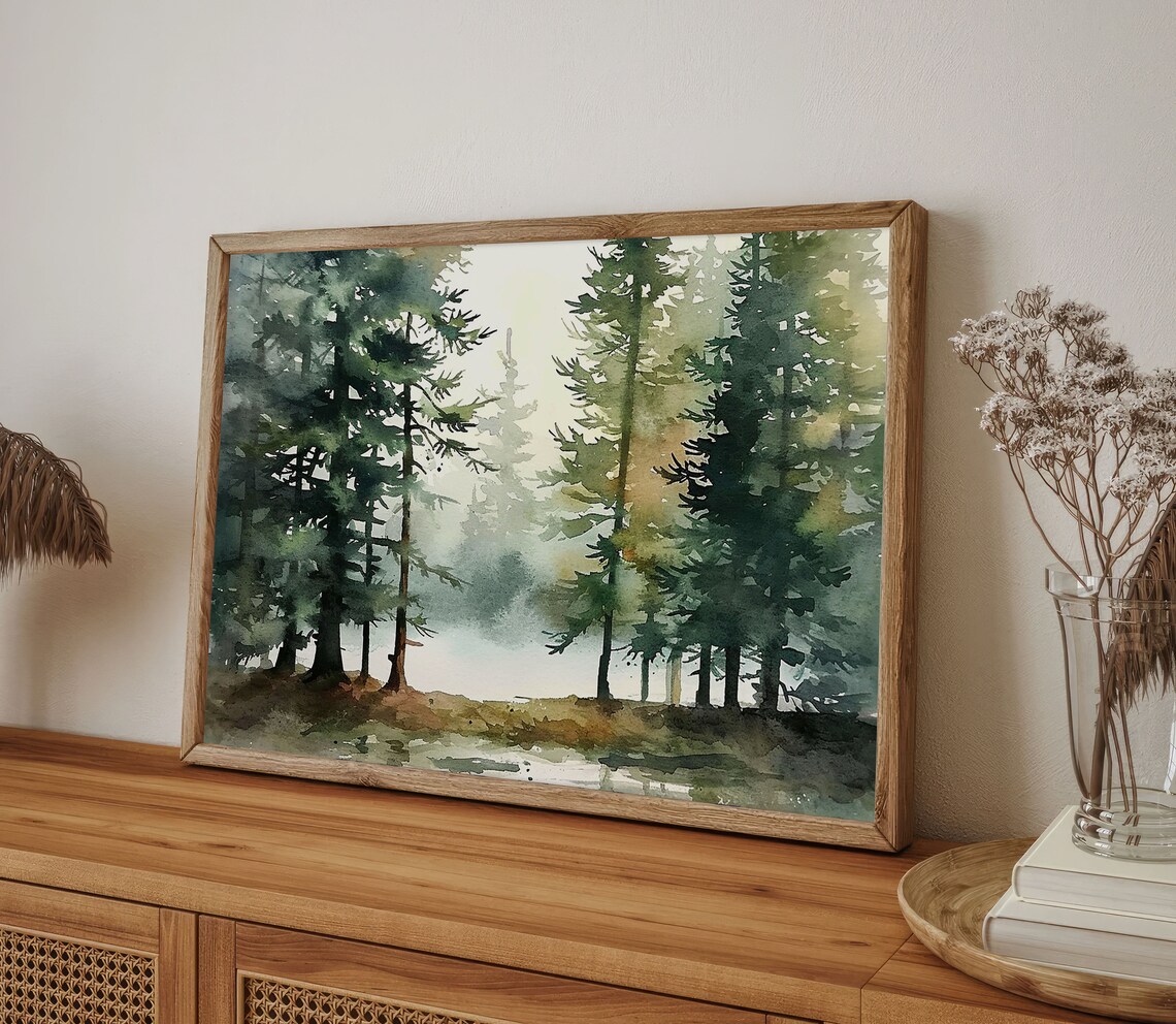 Oregon Forest Watercolor Art Print, Misty Pine Landscape - Image 5