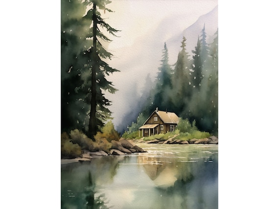 Forest Cabin Tahoe Lake Watercolor Art Print