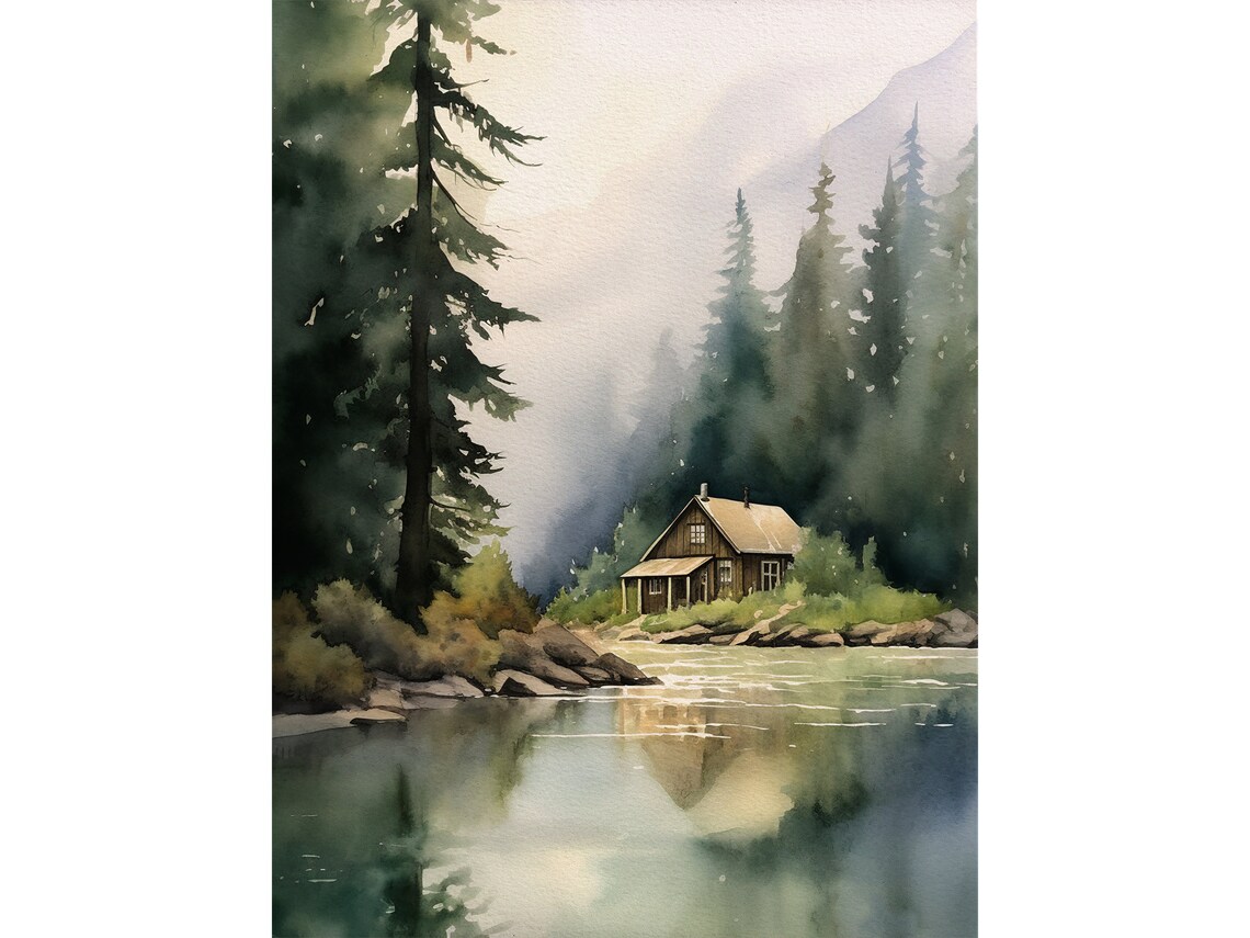 Forest Cabin Tahoe Lake Watercolor Art Print
