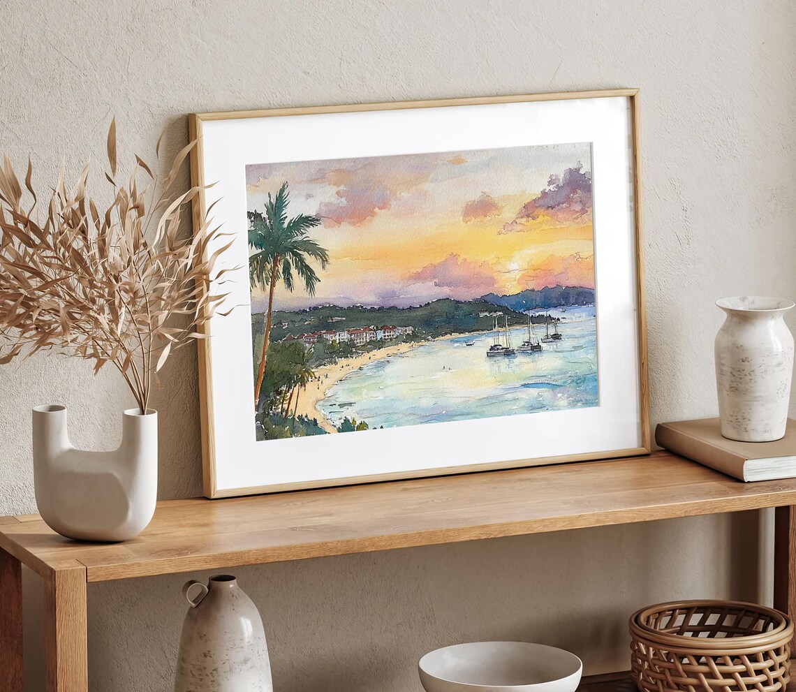 Cruz Bay Watercolor Art Print, Saint John Seascape - Image 2