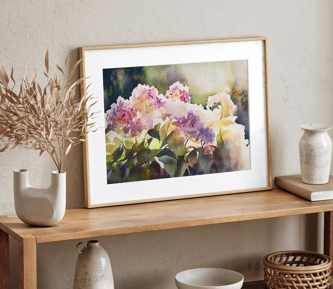 Pink Hydrangea Blossom Bouquet Floral Watercolor Poster for Home - Image 2