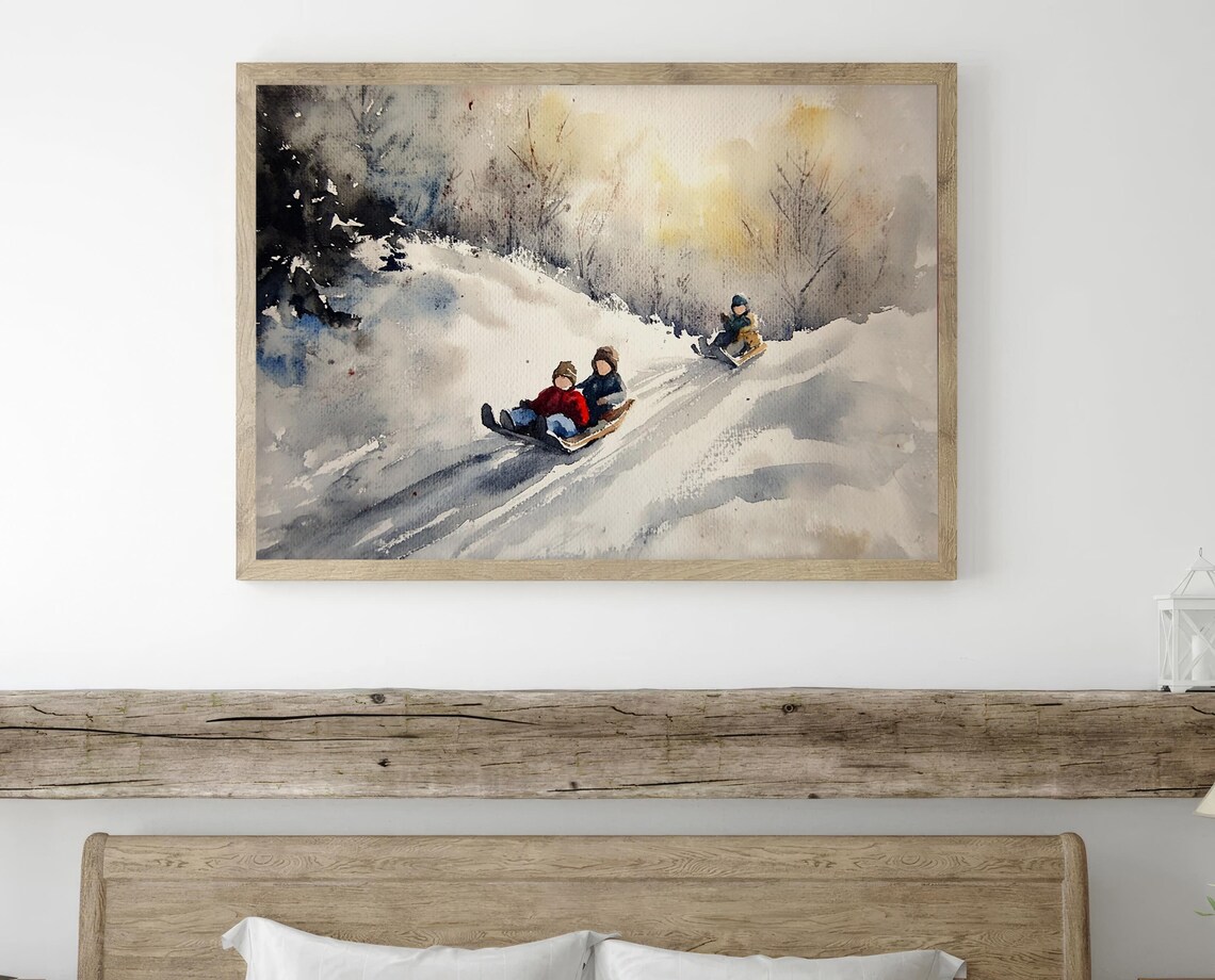 Christmas Children Sledding Winter Forest Watercolor Art Print - Image 3