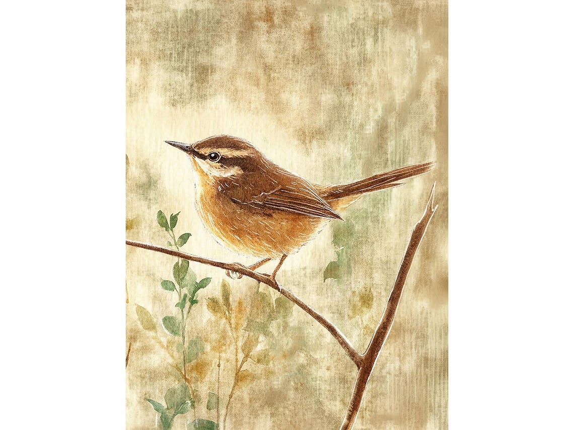 Wren Painting Cute Bird Watercolor Art Print Wren Bird Wall Art Woodland Art Print Kids Room Decor Sunset Landscape