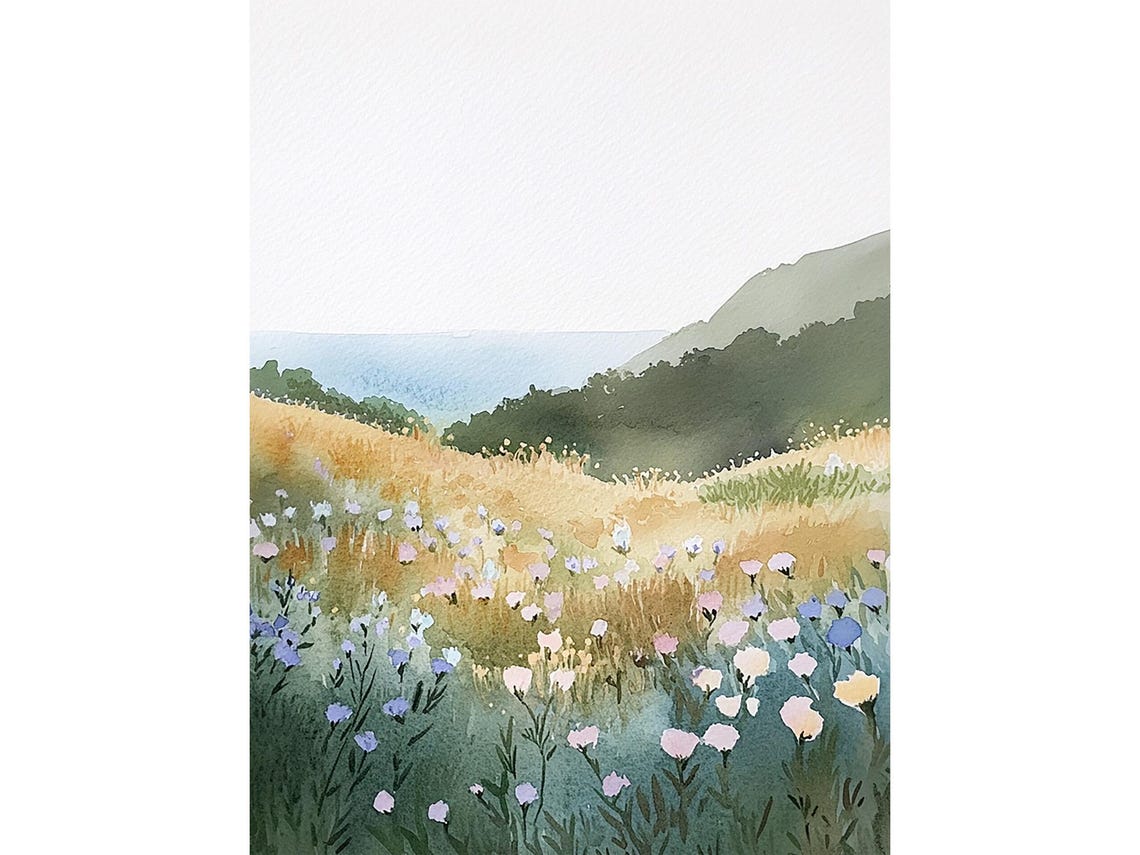 California Coastal Wall Art Flower Field Watercolor Painting Wildflower Poster Landscape Prints California Superbloom Art Travel Poster