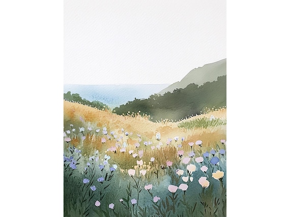 Wildflower Meadow by the Lake with Green Hills Watercolor Poster