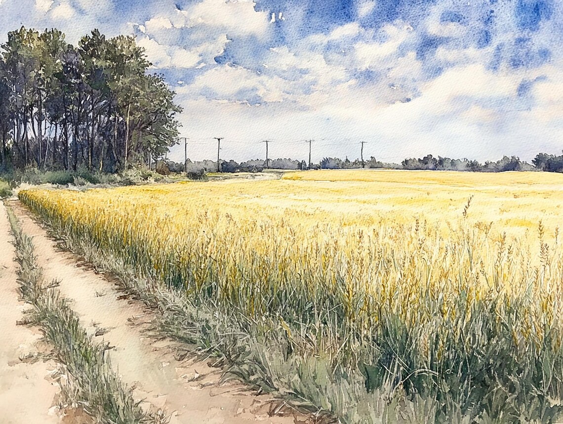 Indiana Watercolor Landscape Art Print, Golden Field Path