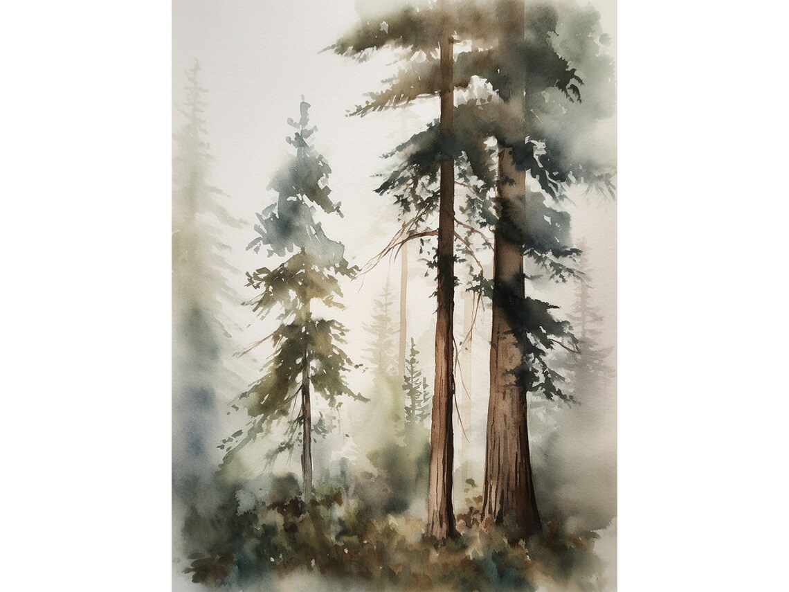 Pine Forest Watercolor Foggy Landscape Art Print