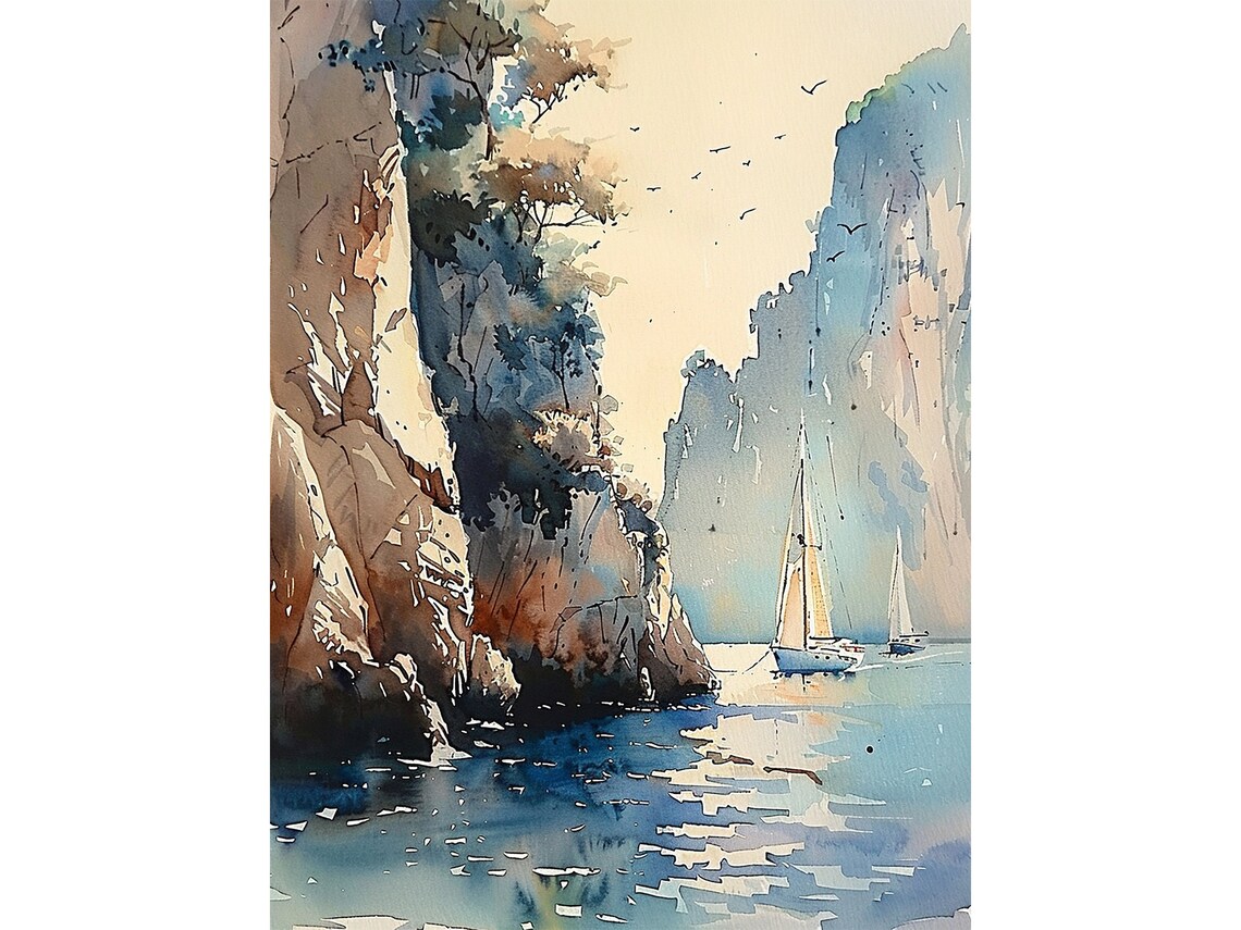 Crete Greek Watercolor Sailboat Seascape Art Print