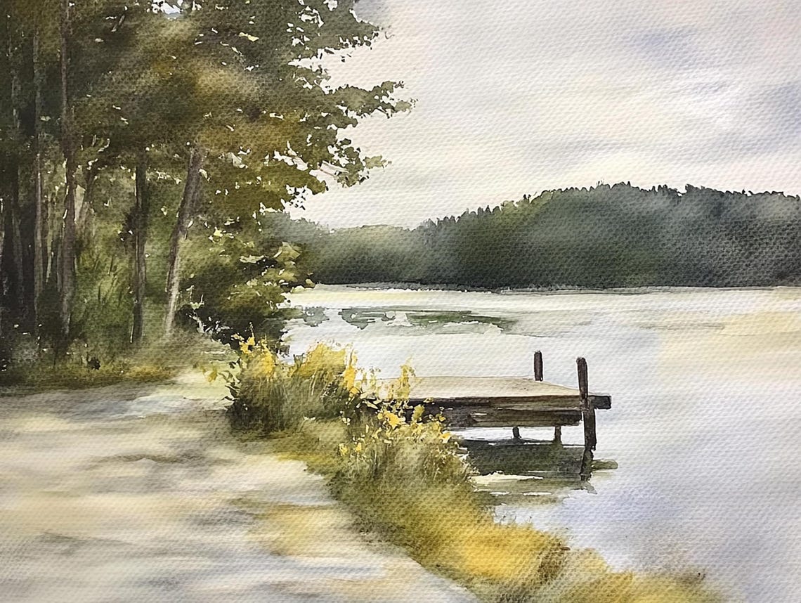 Still Forest Lake Wooden Dock Golden Morning Shore Watercolor Poster