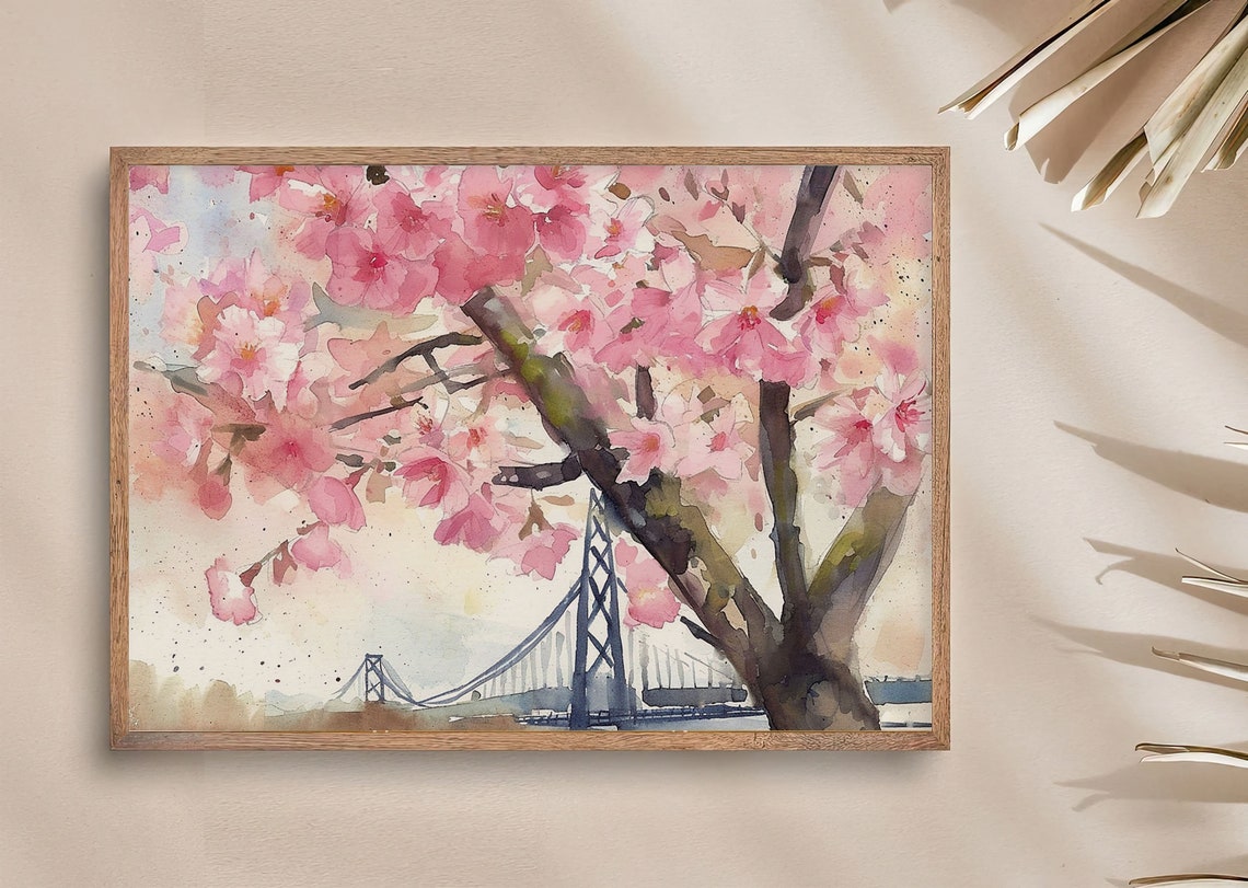 Portland Cherry Blossom Bridge Watercolor Spring Floral Poster - Image 3