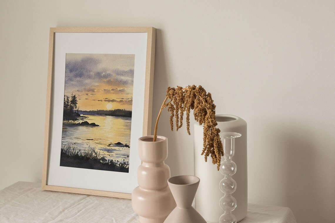 Golden Sunset Lake Pine Silhouette Shore Watercolor Nature Poster - Image 3