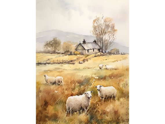 Sheep Grazing Golden Autumn Pasture Farm Cottage Watercolor Rural Poster