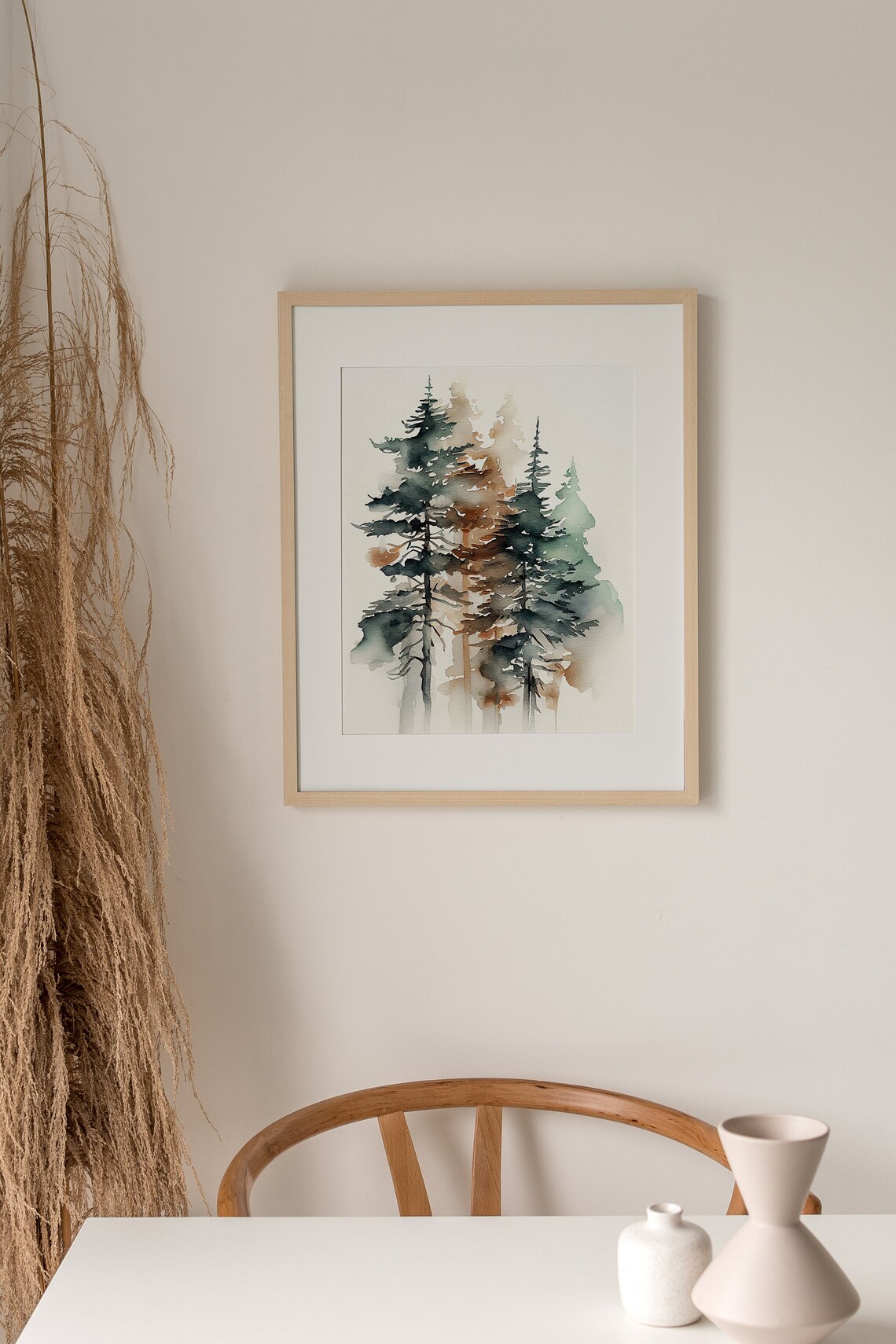 Pine Trees Watercolor Foggy Forest Landscape Art Print - Image 2