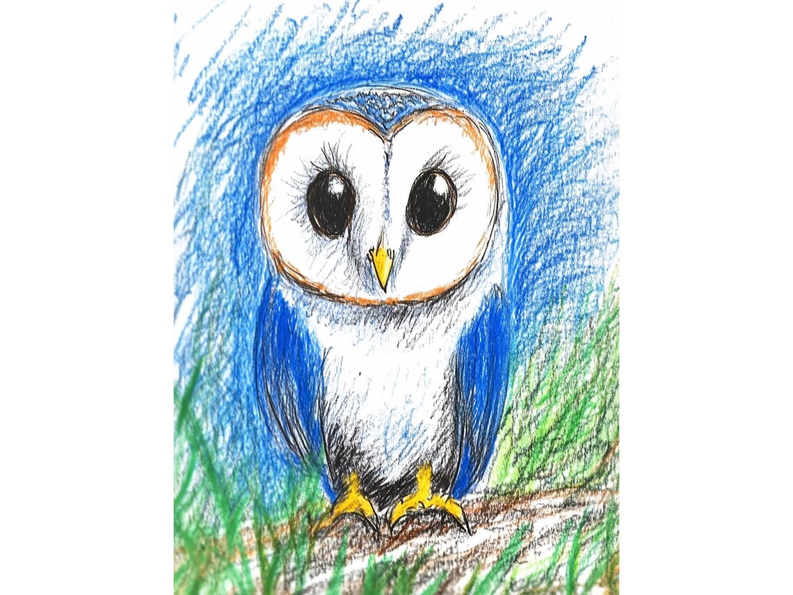 Cute Cartoon Barn Owl Big Eyes Crayon Drawing Kids Room Poster