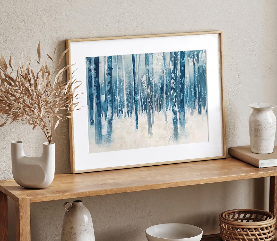 Monochrome Blue Snowy Pine Forest Winter Trees Watercolor Wall Art - Image 2