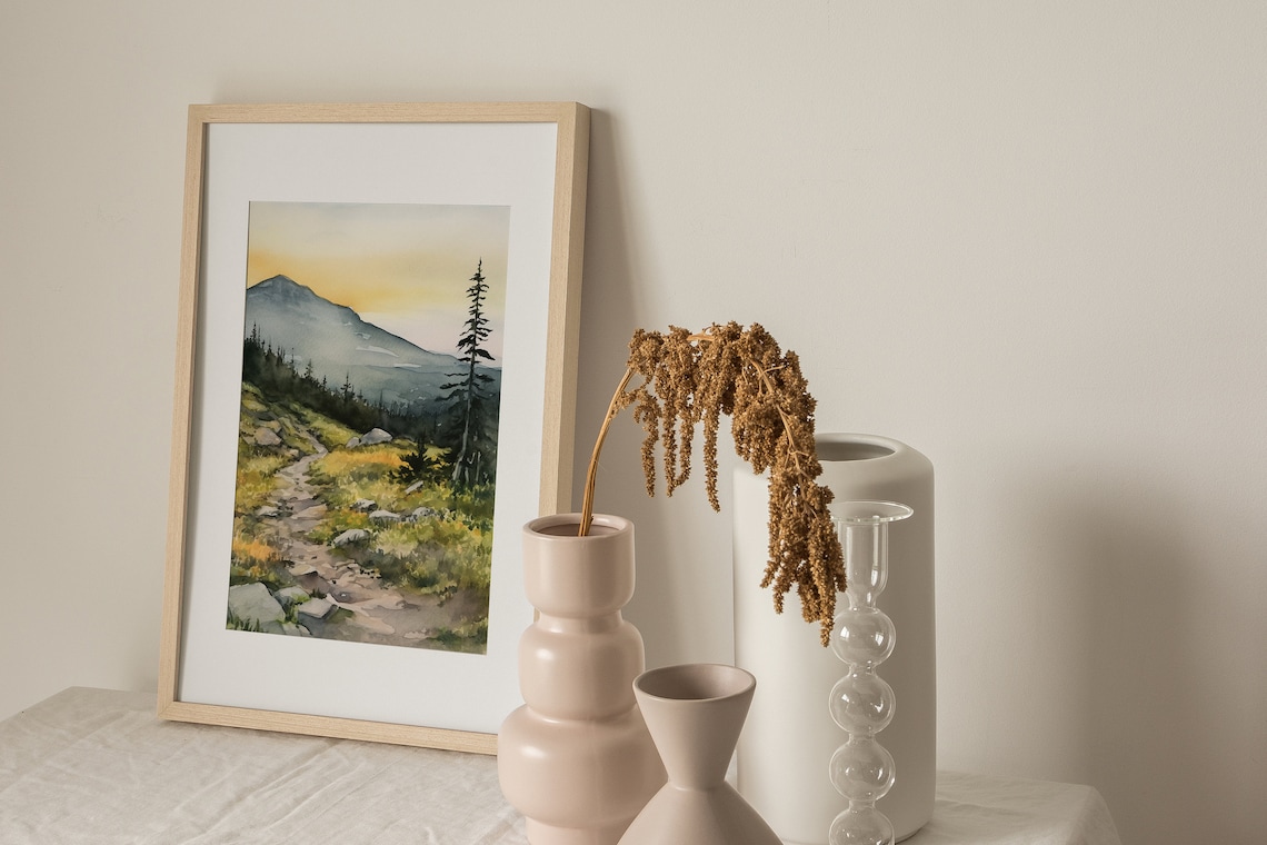 Rocky Mountain Hiking Trail to Misty Peak Sunset Watercolor Poster - Image 2