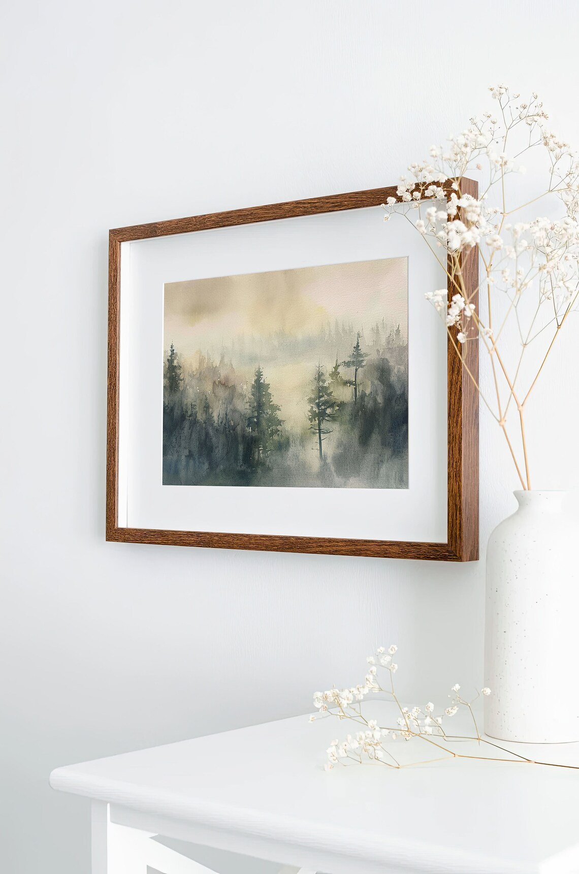 Misty Evergreen Forest in Fog Watercolor Woodland Nature Poster - Image 4