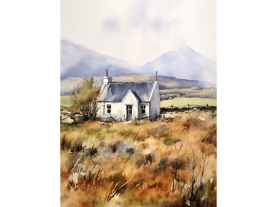 Irish Thatched Cottage Painting Cashel Watercolor Art Print Ireland Landscape Irish Mountain Wall Art County Tipperary Art