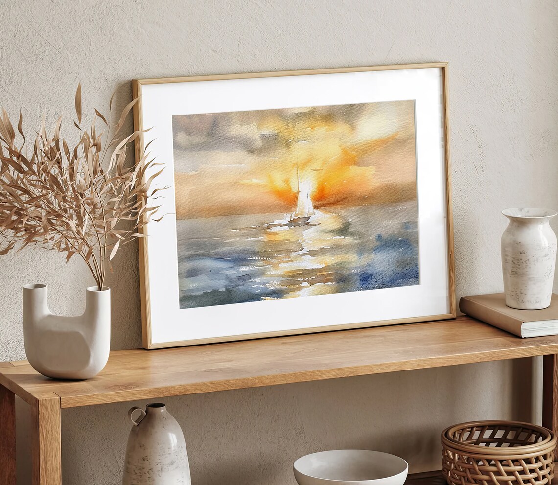 Lone Sailboat Sailing into a Golden Ocean Sunset Watercolor Poster - Image 3