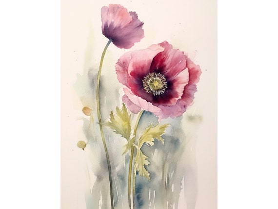 Poppy Watercolor Art Print, Neutral Pink Floral Poster