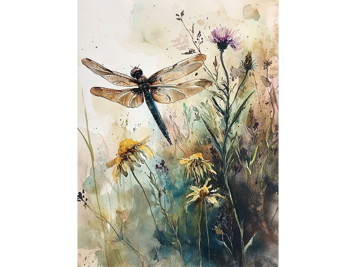 Dragonfly Painting Wildflowers Watercolor Art Print