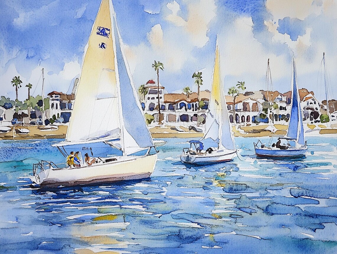 Balboa Island Watercolor Print Newport Beach Painting Sailboats Wall Art California Coastal Print Beach House Decor